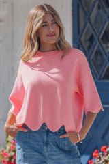 Myosotis Scalloped Hem 3/4 Sleeve Sweater Top