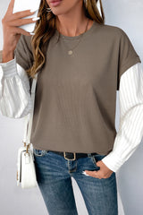 Brown Striped Long Sleeve Fake Two Piece Top