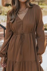 Chestnut Solid Long Sleeve Button V Neck Tiered Maxi Dress