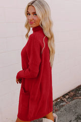 Fiery Red Ribbed High Neck Front Pockets Center Seam Sweater Dress