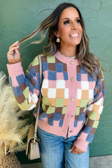 Multicolour Checkered Pattern Button Front Knit Cardigan
