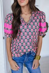 Sachet Pink Frill V-Neck Abstract Floral Print Puff Sleeve Top