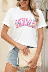 White MAMA Leopard Embroidered Crew Neck Graphic Tee