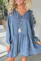 Myosotis Denim Puff Sleeve V Neck Ruffled Loose Mini Dress