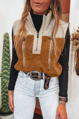 Chestnut Plush Patchwork Zipper Stand Neck Vest