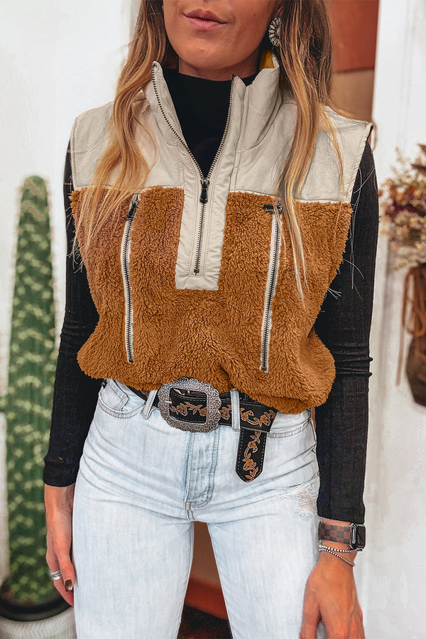 Chestnut Plush Patchwork Zipper Stand Neck Vest