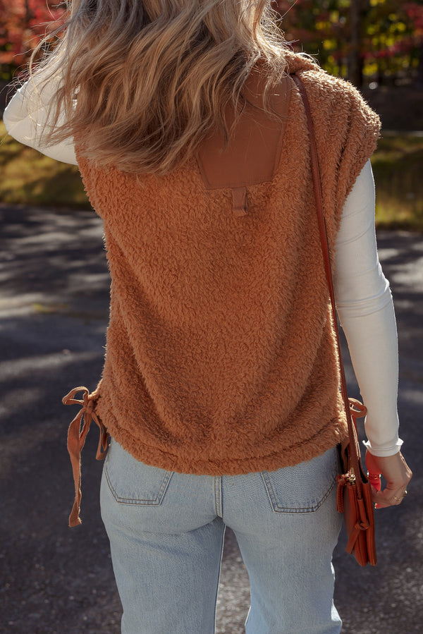 Cinnamon Faux Fur Snap Button Front Knot Side Plush Vest