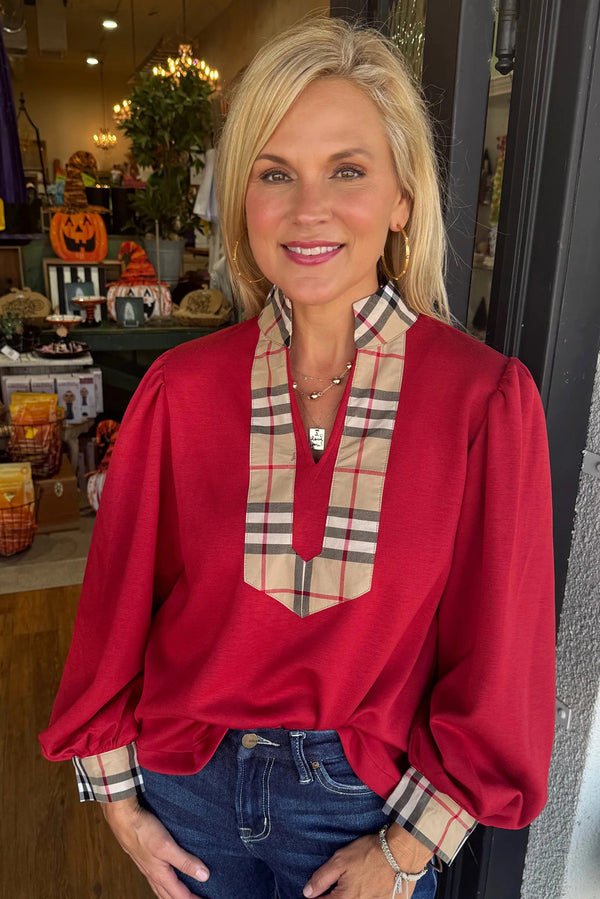 Racing Red Plaid Patchwork V Neck Bubble Sleeve Top