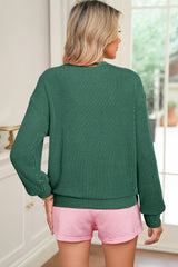 Blackish Green Twisted Rib Merry Letter Graphic Loose Long Sleeve Top