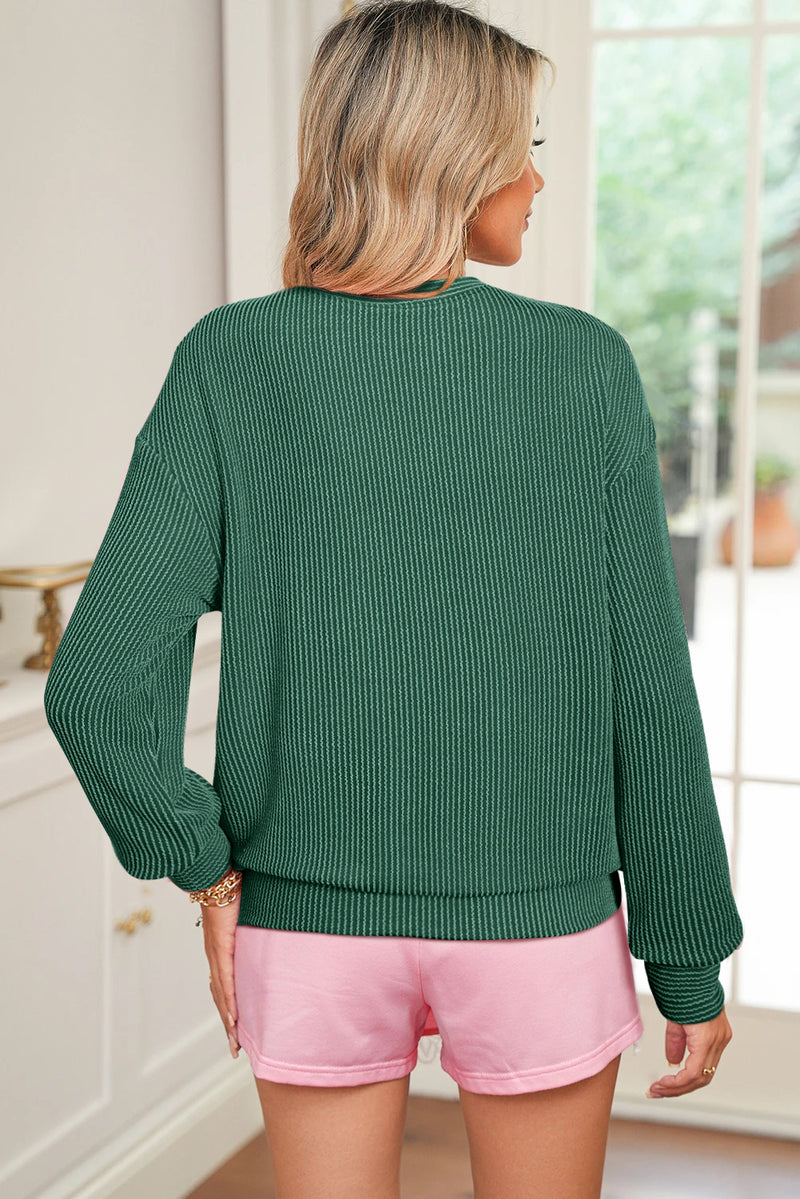 Blackish Green Twisted Rib Merry Letter Graphic Loose Long Sleeve Top