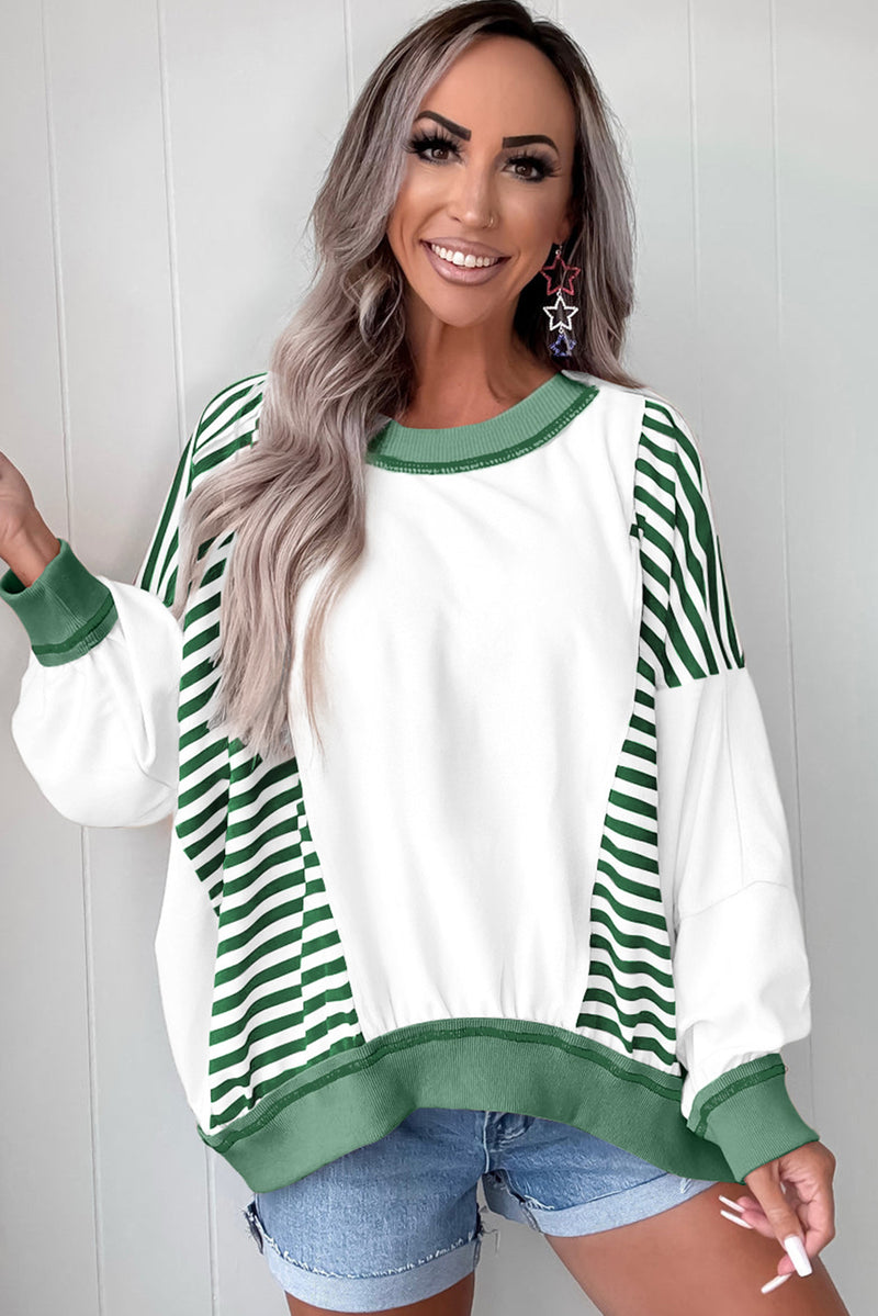 Green Striped Colorblock Patchwork Oversized Sweatshirt