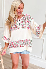Sky Blue Floral Print Crinkle Patchwork Henley Blouse