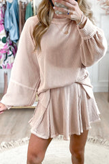 Jet Stream Corded Lantern Sleeve Pullover and Ruffle Mini Skirt Set