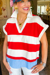 Red Stripe Colorblock Patchwork Short Sleeve Collar Top
