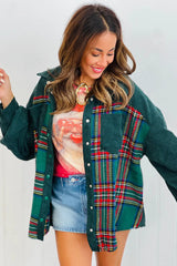 Evergreen Corduroy & Plaid Patchwork Raw Hem Pocket Shacket