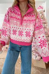 Rose Red Christmas Snowflake Quarter Zip Collard Sweater