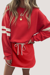 Fiery Red Varsity Stripe Detail Drop Shoulder Pullover Mini Skirt Set