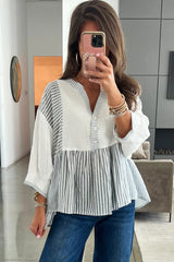 Gray Stripe Half Button Gauze Patchwork Bracelet Sleeve Babydoll Blouse