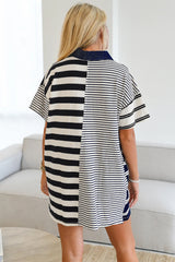 Black Striped Patchwork Collared Mini Dress