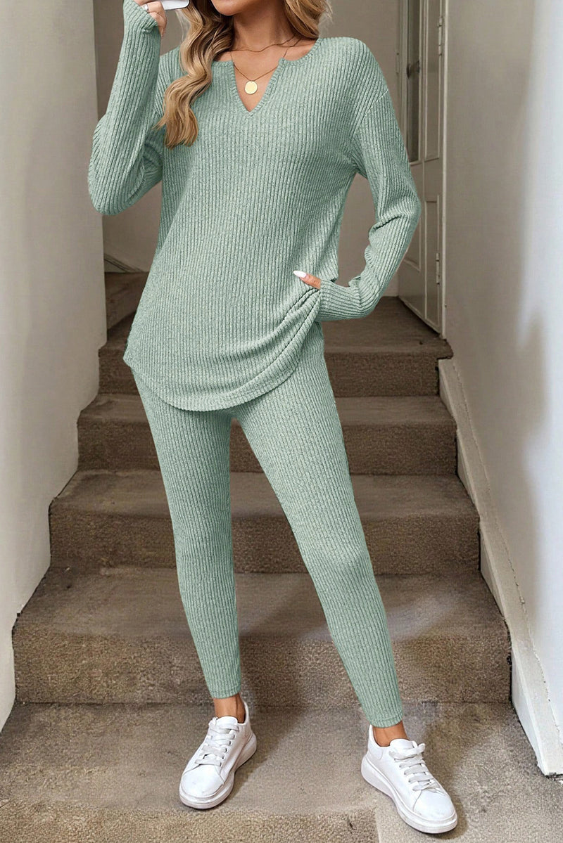 Racing Red Ribbed Notched Neck Knit Long Sleeve Leggings Two Pieces Lounge Set