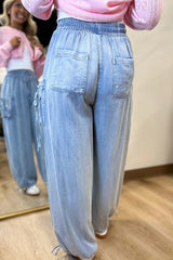 Beau Blue Drawstring Elastic Waist Pocketed Loose Denim Pants
