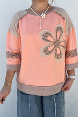 Grapefruit Orange Plaid Waffle Flower Patchwork Bracelet Sleeve Top