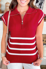 Fiery Red Striped Zipper Collar Knit Short Sleeve Sweater