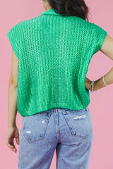 Bright Green Solid Color Metallic Knit High Neck Short Sleeve Sweater