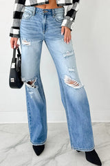 Myosotis Mid Rise Distressed Straight Leg Jeans