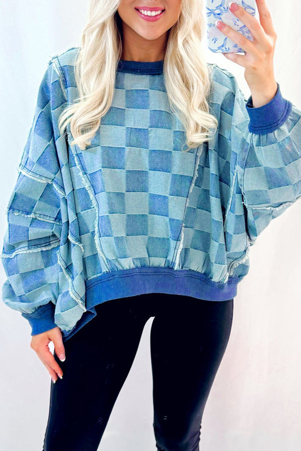 Sky Blue Checkerboard Splicing Raw Detail Oversized Denim Pullover