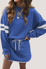 Sky Blue Varsity Stripe Detail Drop Shoulder Pullover Mini Skort Set
