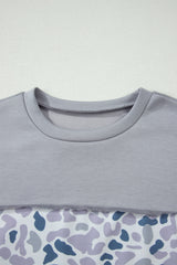 Gray Raw Seam Color Block Camouflage Patchwork Casual Tee
