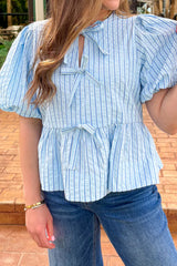 Sky Blue Stripe Bow Knot Textured Short Puff Sleeve Babydoll Blouse