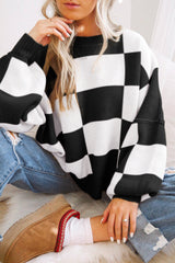 Pink Checked Bishop Sleeve Pullover Sweater