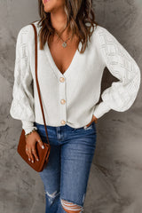 White V Neck Button Bishop Sleeve Knit Cardigan