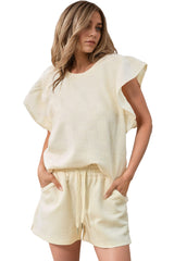 Black Textured Ruffle Sleeve Tee and Drawstring Shorts Set