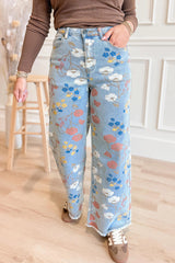 Sky Blue Floral Printed Raw Hem Shift Jeans