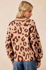 Light French Beige Leopard Printed Knit V Neck Sweater