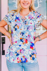 Light Blue Floral Print Ruffle Flutter Sleeve V Neck Blouse