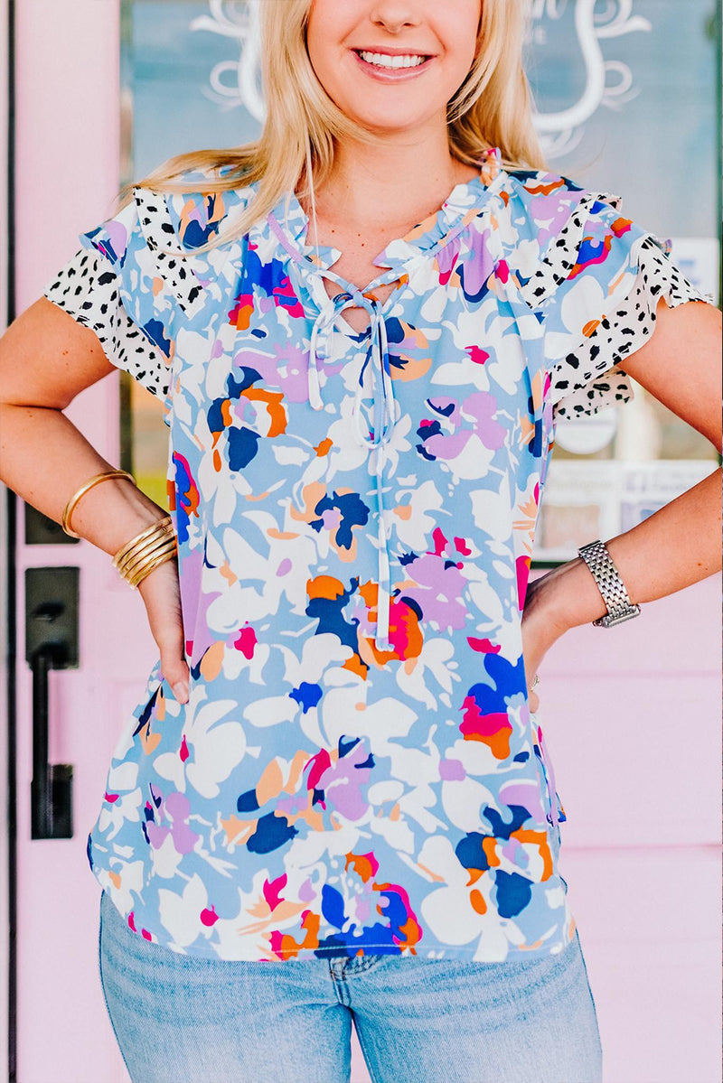 Light Blue Floral Print Ruffle Flutter Sleeve V Neck Blouse