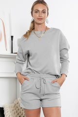 White Textured Long Sleeve Top & Drawstring Shorts Set