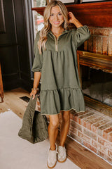 Jungle Green  Quarter Zip Collar Bracelet Sleeve Textured Mini Dress