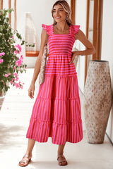 Rose Stripe Shirred Ruffle Straps Square Neck Tiered Midi Dress