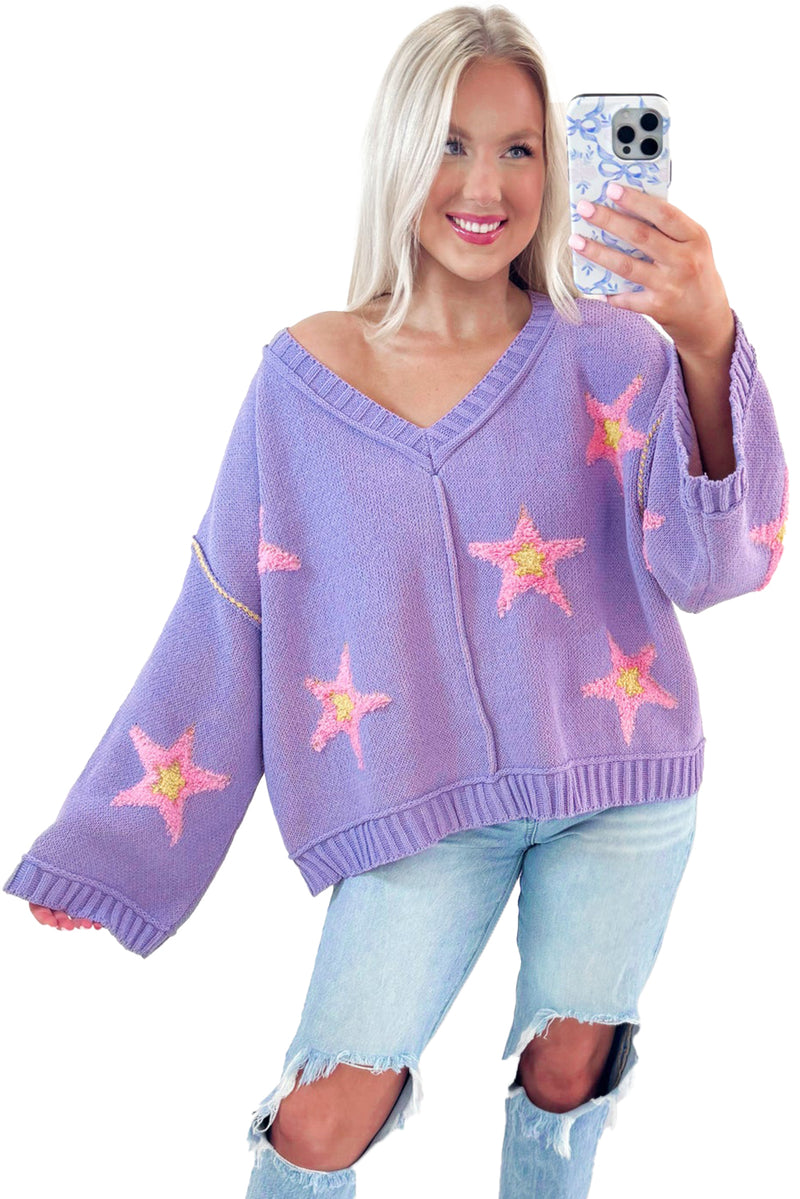 Lavendula Brushed Star Graphic V Neck Drop Shoulder Oversize Sweater