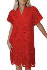 White Solid Color Eyelet Embroidered T Shirt Mini Dress