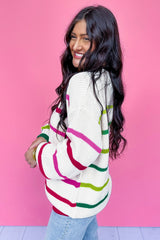 White Colorful Striped Drop Shoulder Crew Neck Sweater