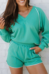 Dark Green V Neck Piping Trim Pullover Top and Shorts Set
