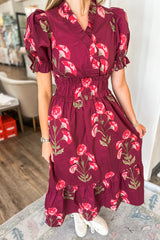 Red Floral Print Frilled V Neck Short Sleeve Ruffle Maxi Dress