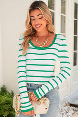 Black White Scalloped Edge Neck Striped Long Sleeve Sweater