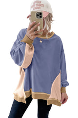 Smoke Green Colorblock Waffle Patchwork Oversize Sweatshirt